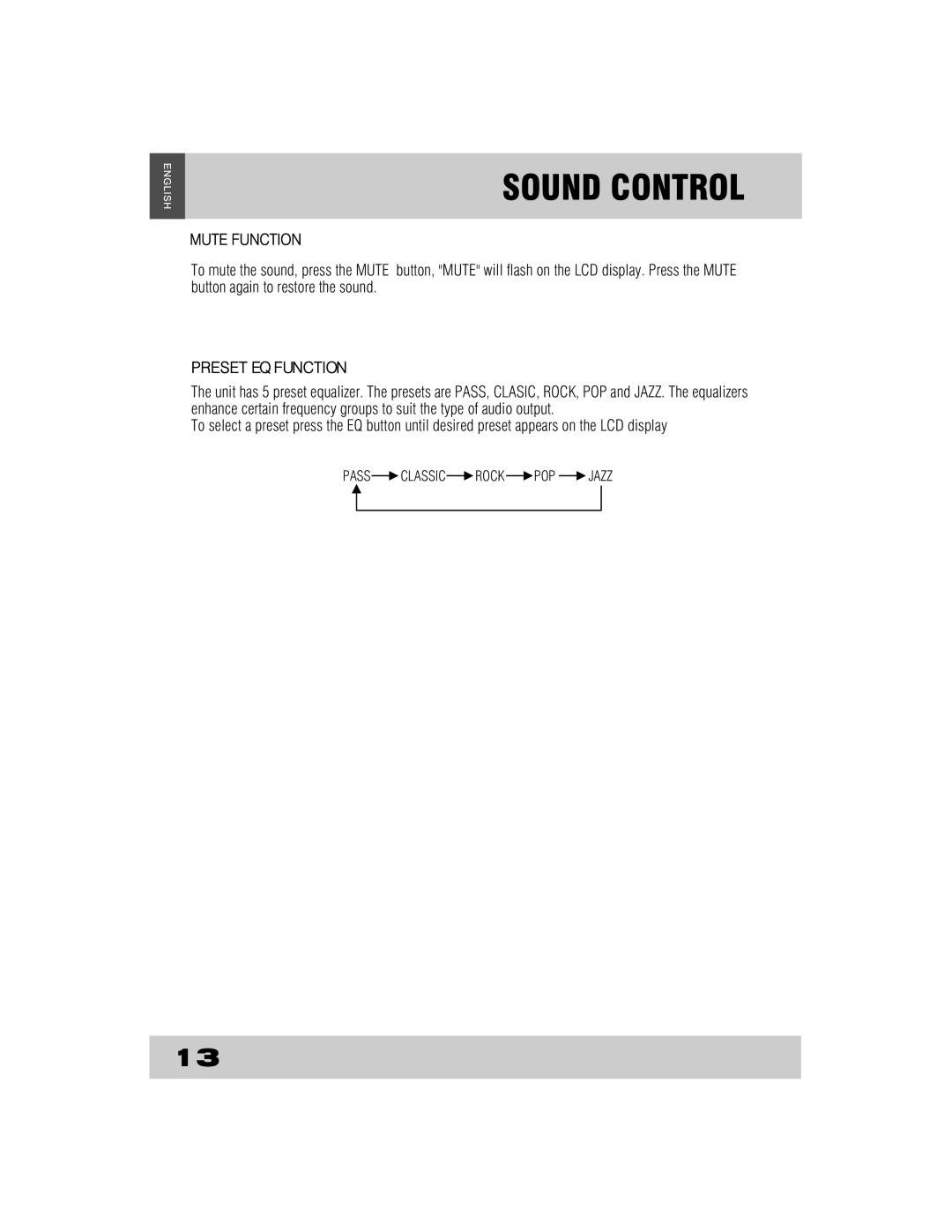 Grundig CDS2500IPW manual Sound Control, Mute Function, Preset EQ Function 