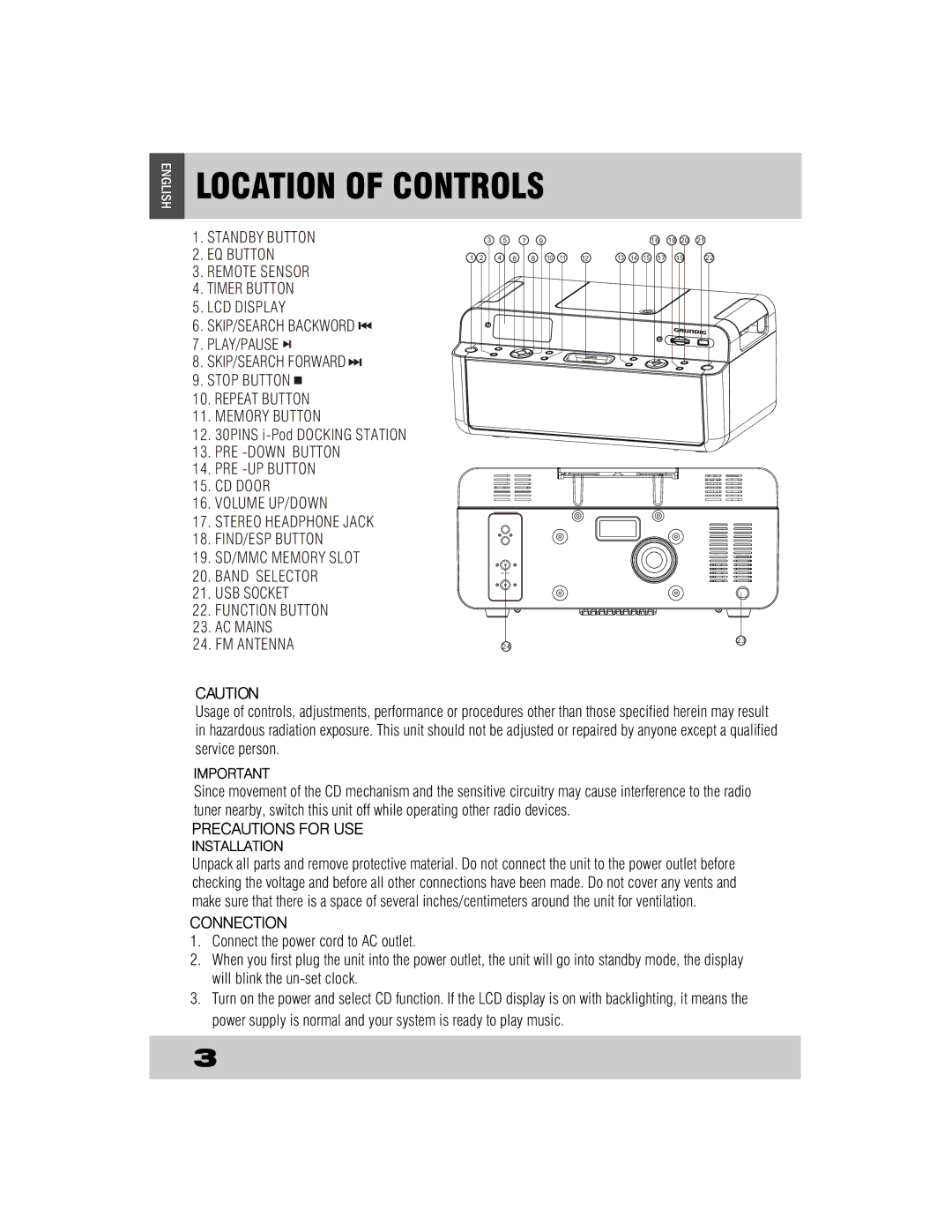 Grundig CDS2500IPW manual Location of Controls, Connection 