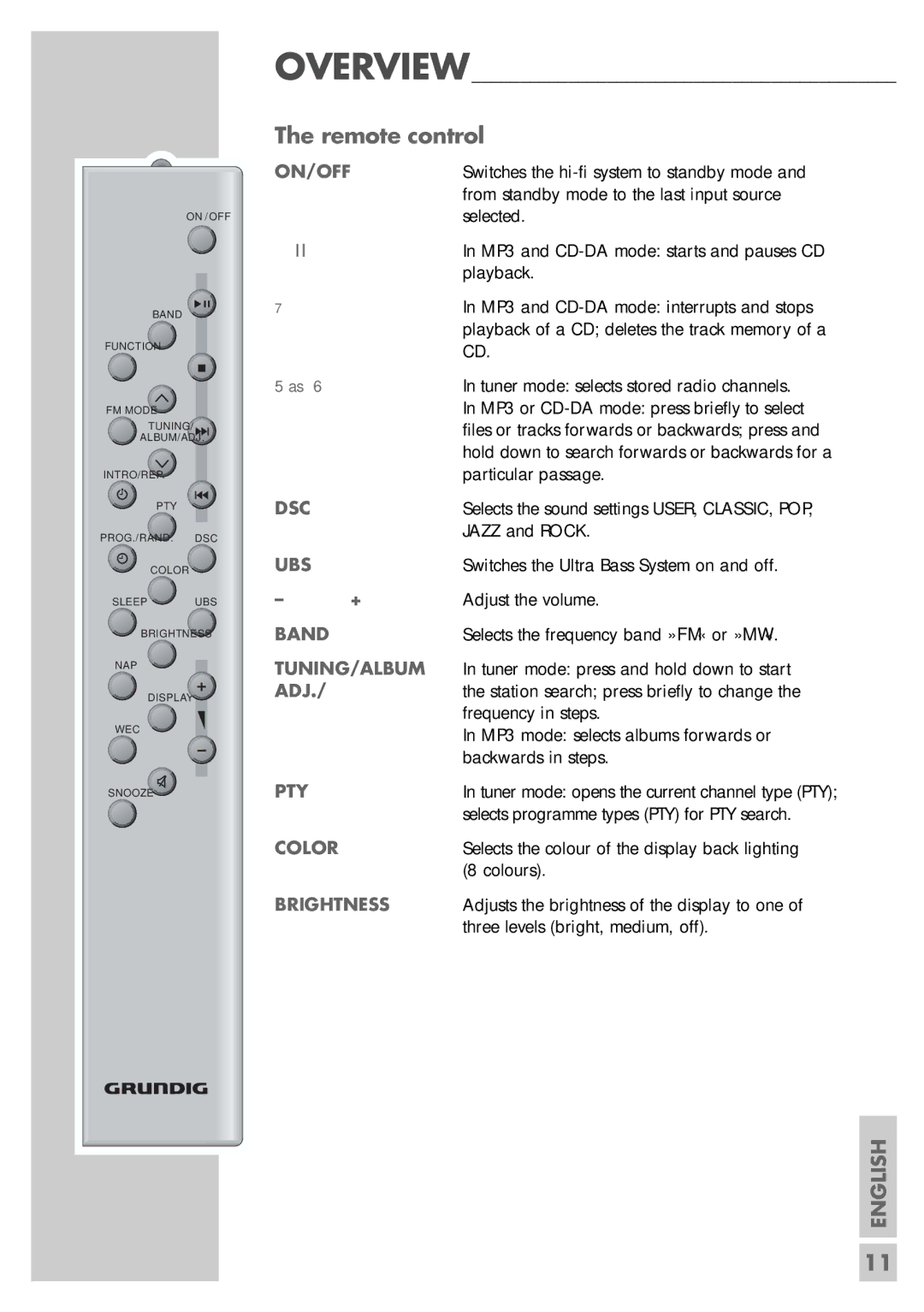 Grundig cirflexx UMS 5400 DEC manual Remote control, Pty, Color, Brightness 