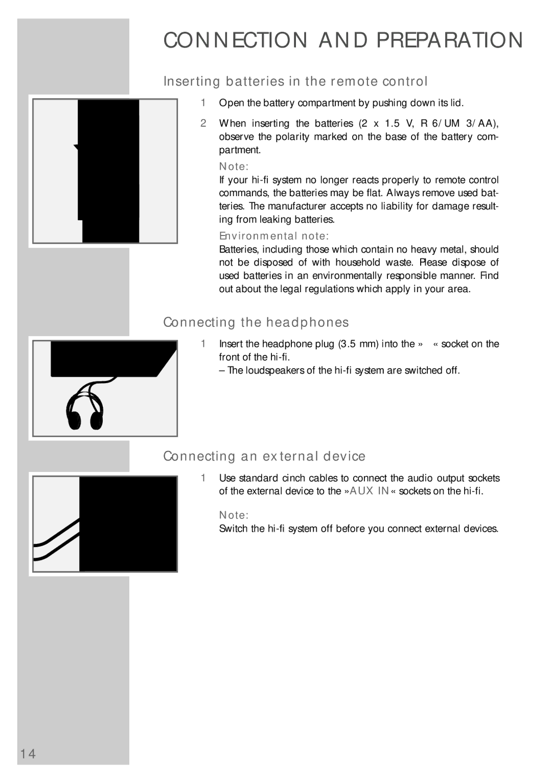 Grundig cirflexx UMS 5400 DEC manual Inserting batteries in the remote control, Connecting the headphones 