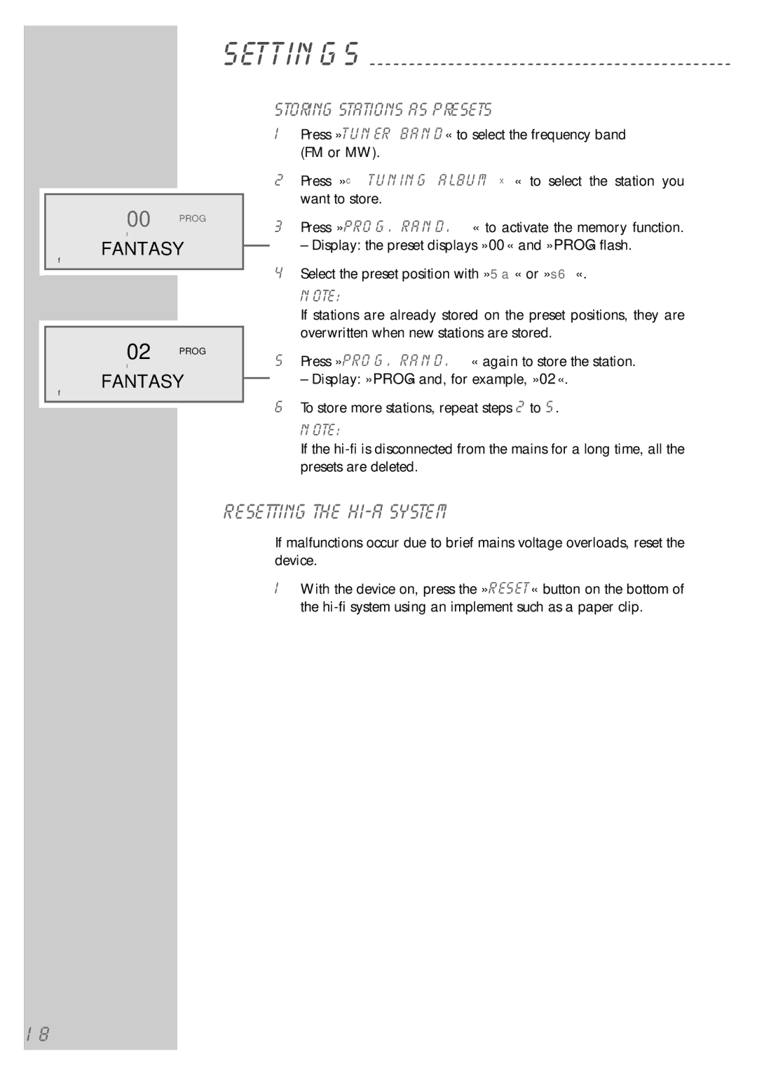 Grundig cirflexx UMS 5400 DEC manual Resetting the hi-fi system, Storing stations as presets 