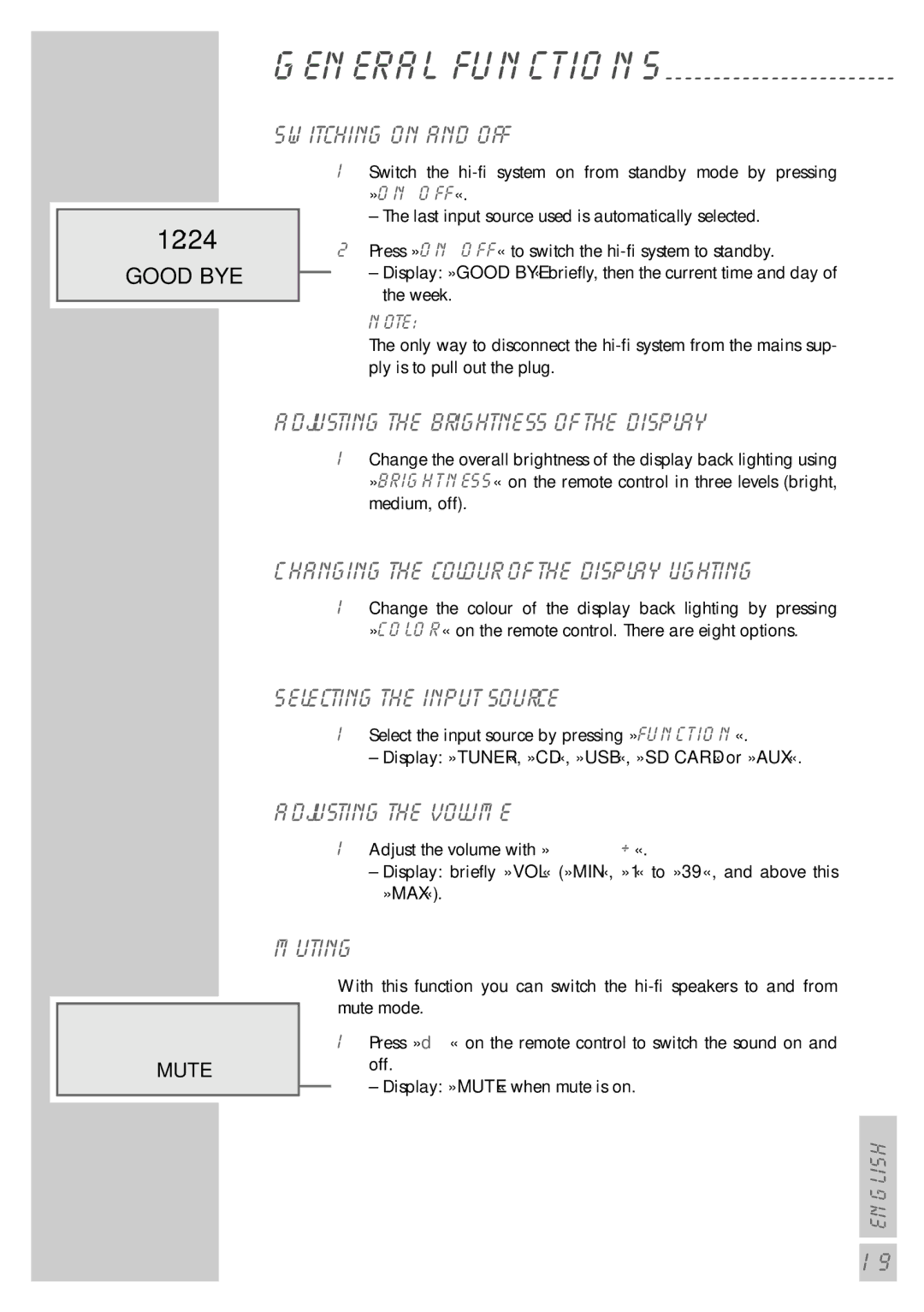 Grundig cirflexx UMS 5400 DEC Switching on and off, Adjusting the brightness of the display, Selecting the input source 