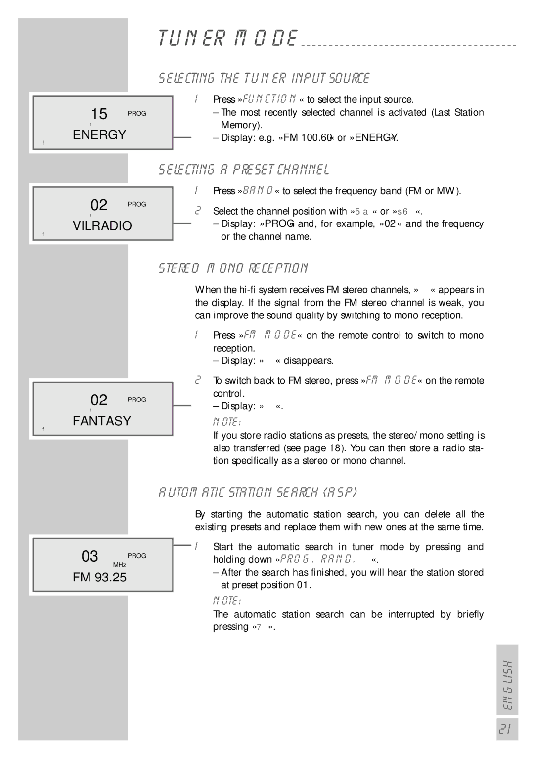 Grundig cirflexx UMS 5400 DEC manual Selecting the Tuner input source, Selecting a preset channel, Stereo/mono reception 