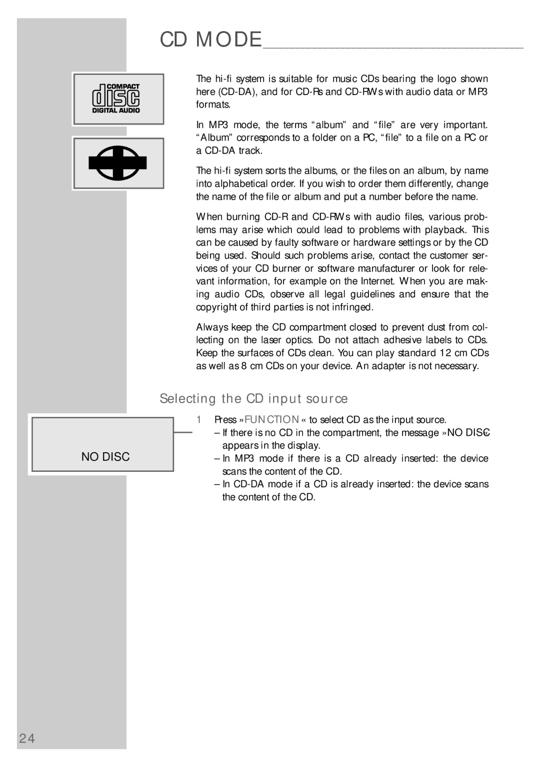 Grundig cirflexx UMS 5400 DEC manual Selecting the CD input source, CD Mode 