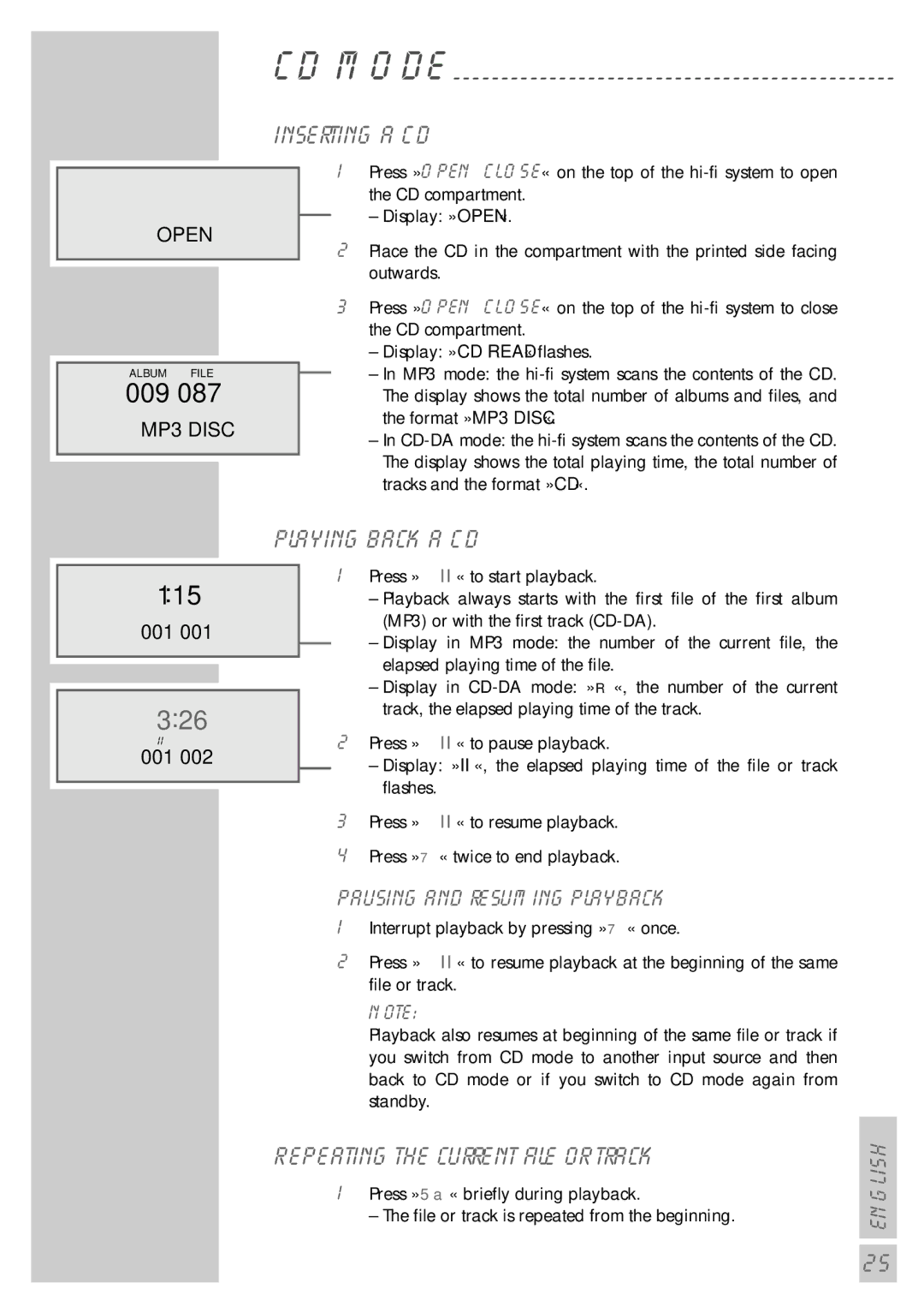 Grundig cirflexx UMS 5400 DEC manual 009, 115, Inserting a CD, Playing back a CD, Repeating the current file or track 