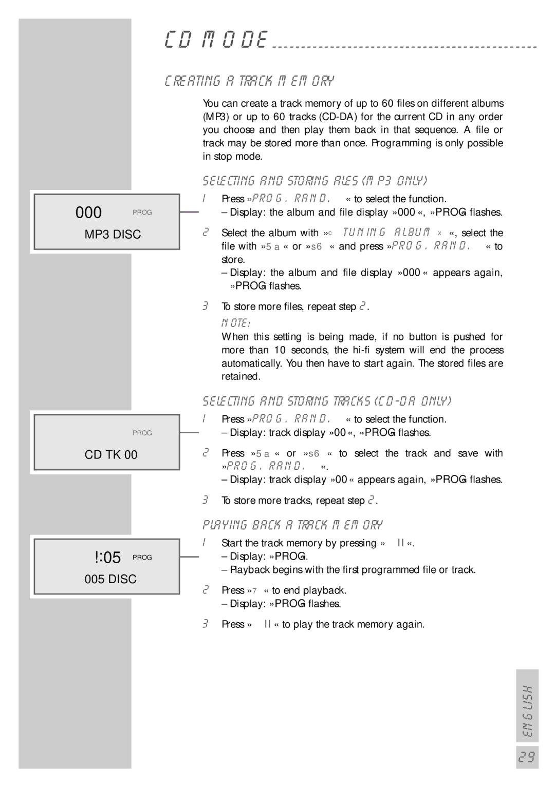 Grundig cirflexx UMS 5400 DEC manual Prog, Creating a track memory, Selecting and storing files MP3 only 