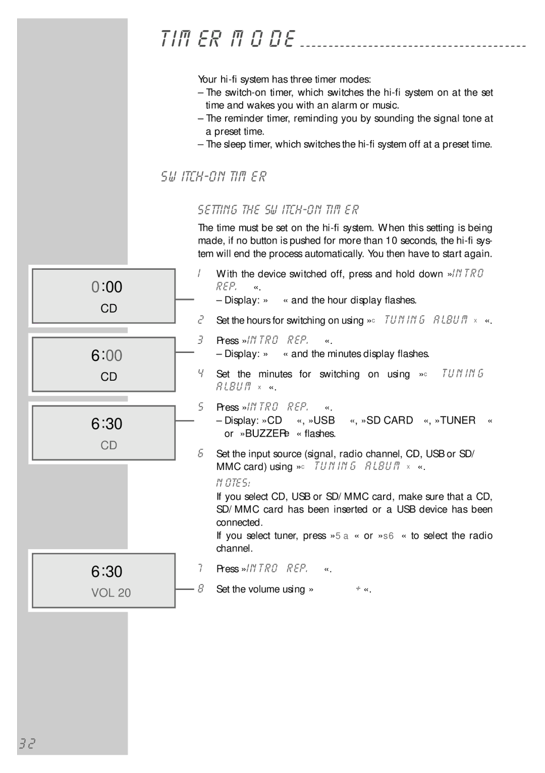 Grundig cirflexx UMS 5400 DEC manual 000 600 630, Switch-on timer, Setting the switch-on timer 