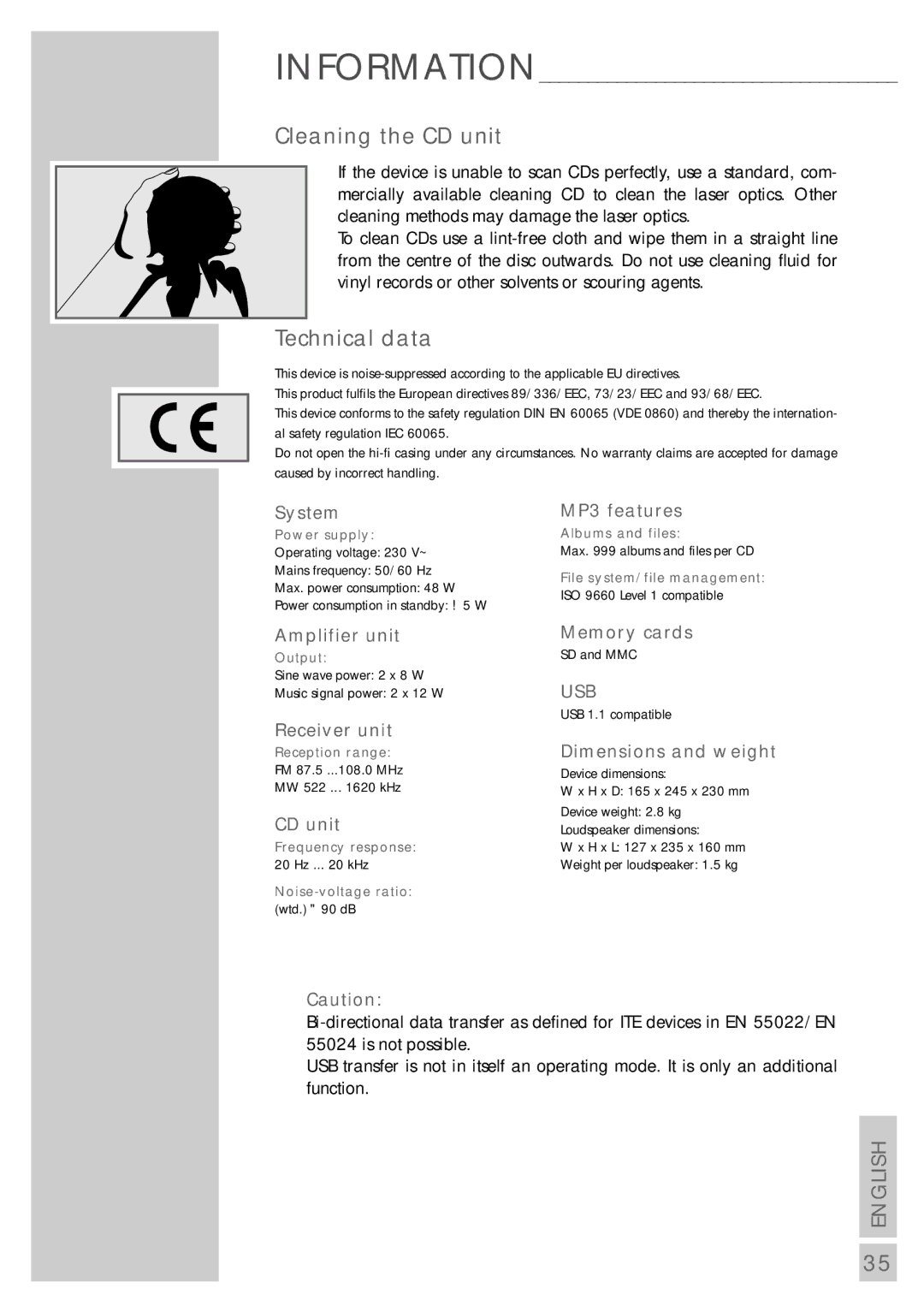 Grundig cirflexx UMS 5400 DEC manual Cleaning the CD unit, Technical data 