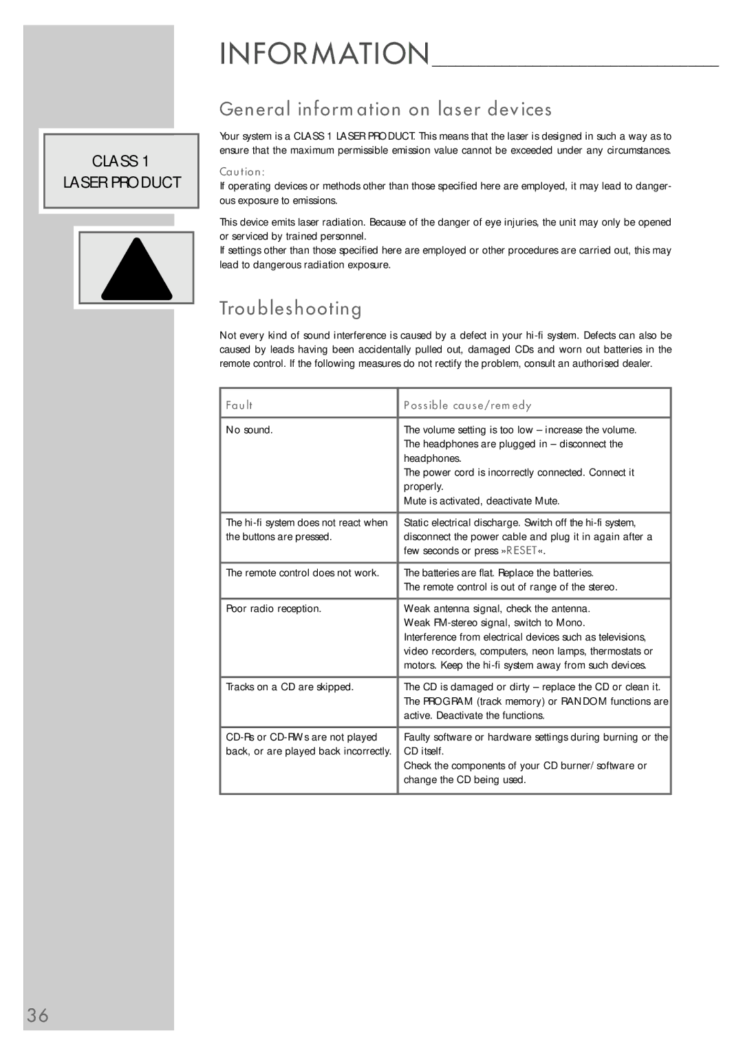 Grundig cirflexx UMS 5400 DEC manual General information on laser devices, Troubleshooting 