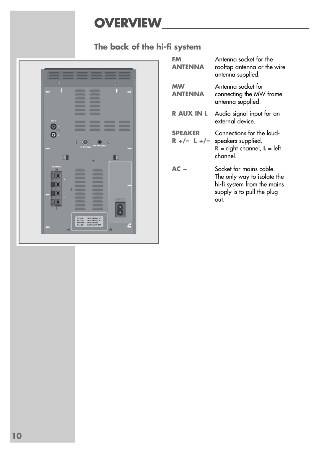 Grundig cirflexx UMS 5400 DEC manual The back of the hi-fisystem, Antenna, R Aux In L, Speaker, R +/– L +, Ac ~ 