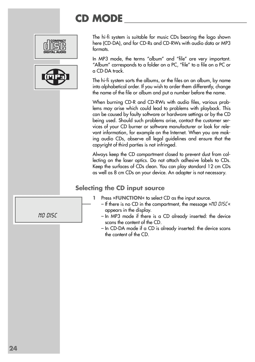 Grundig cirflexx UMS 5400 DEC manual Selecting the CD input source, No Disc 