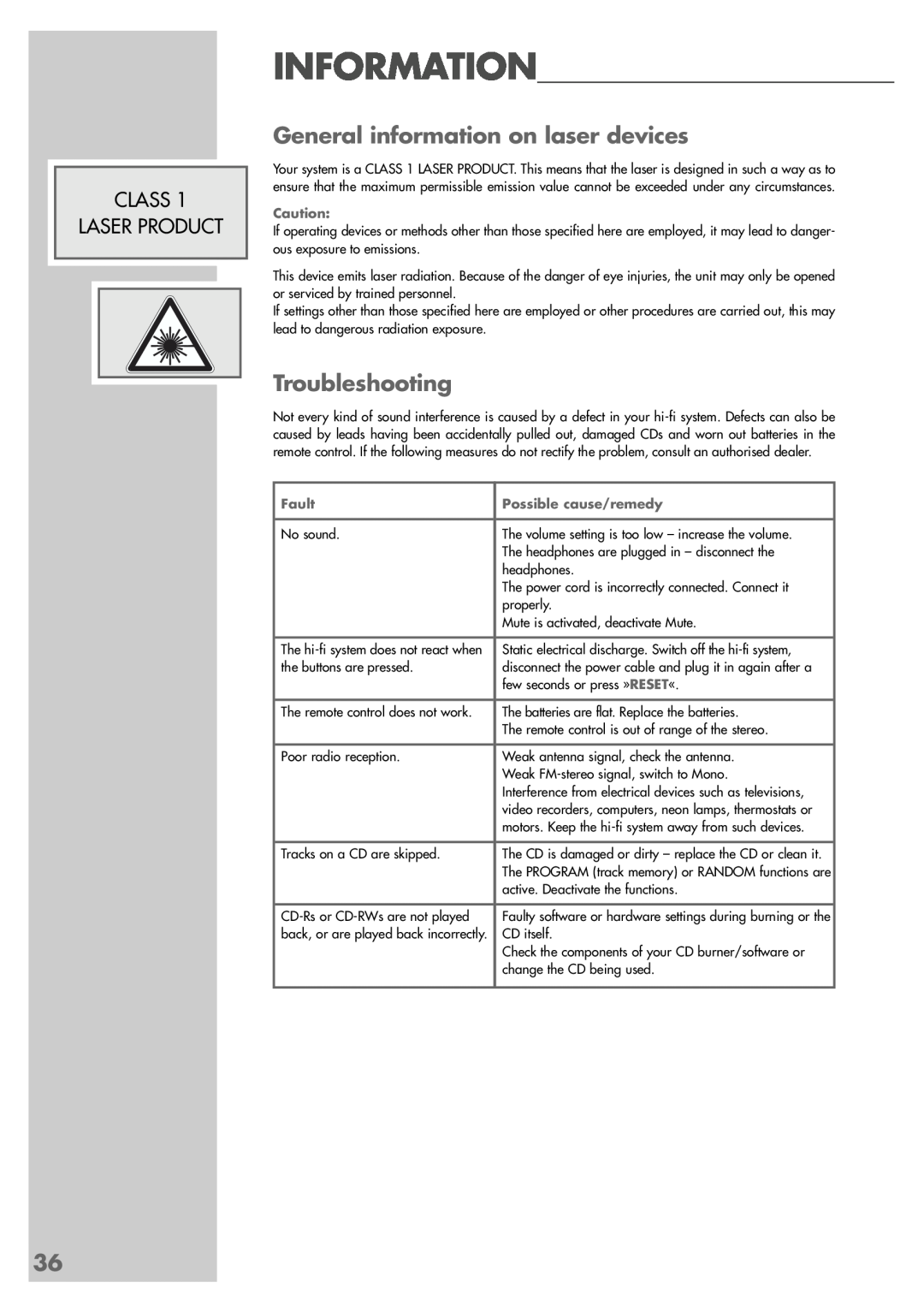 Grundig cirflexx UMS 5400 DEC manual General information on laser devices, Troubleshooting, Class Laser Product, Fault 