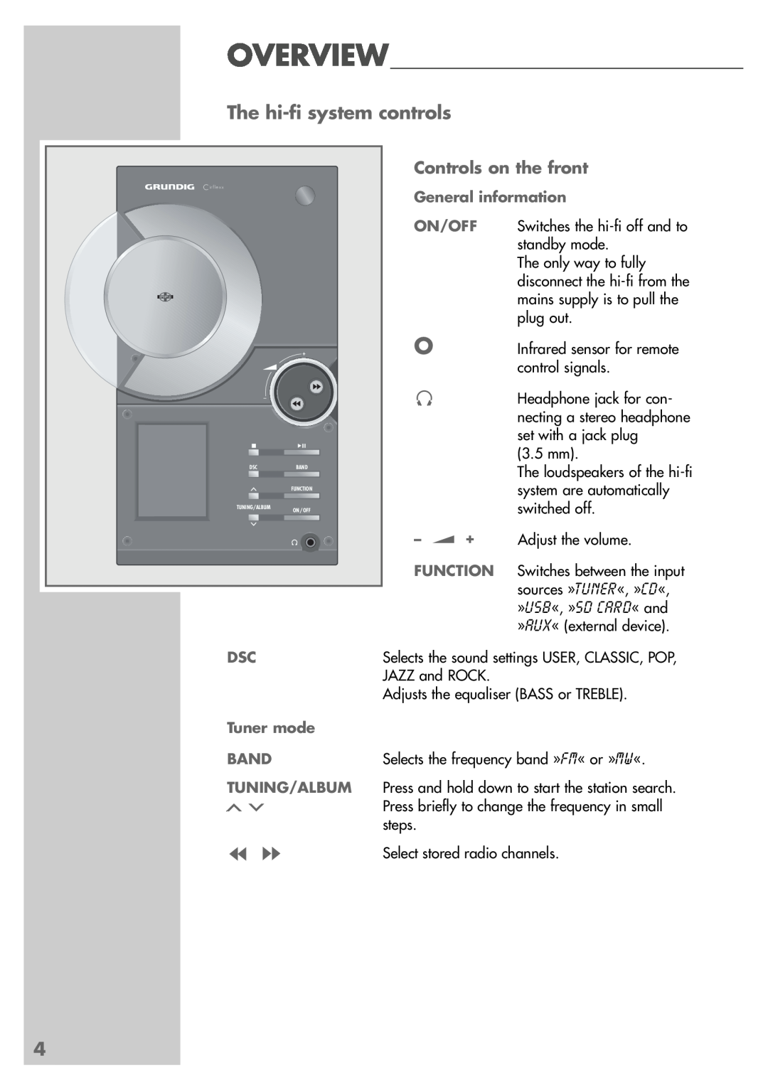 Grundig cirflexx UMS 5400 DEC manual The hi-fisystem controls, Controls on the front 