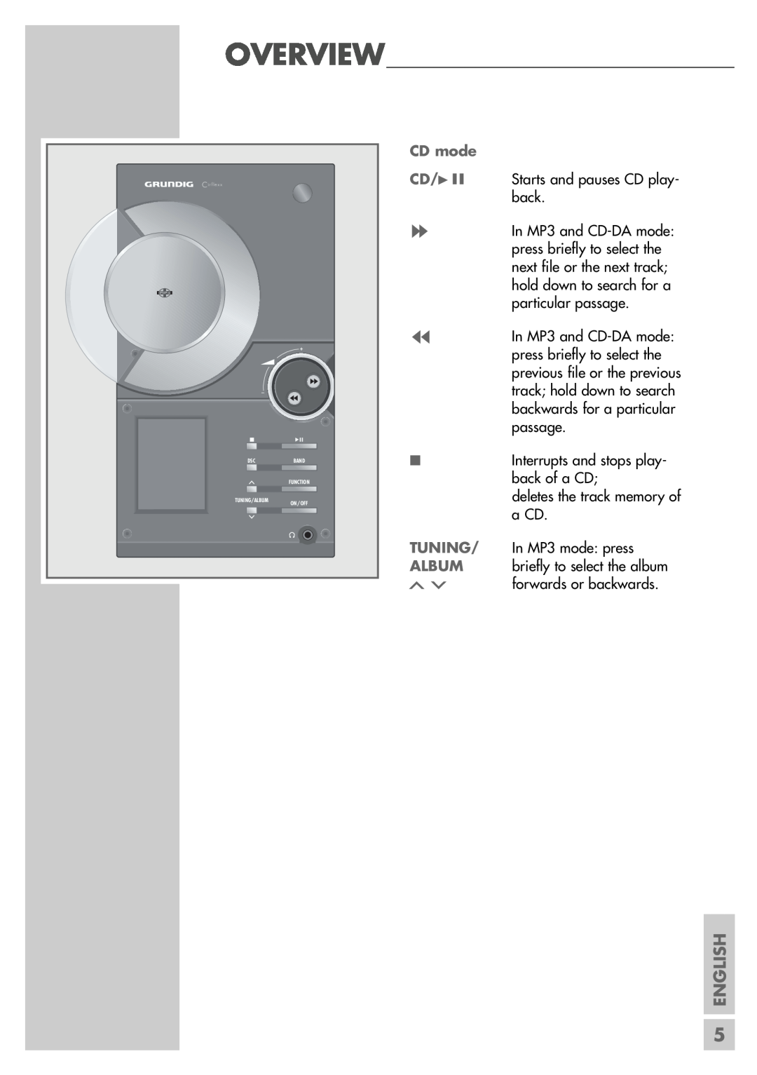 Grundig cirflexx UMS 5400 DEC manual English, CD mode, Tuning, Album 