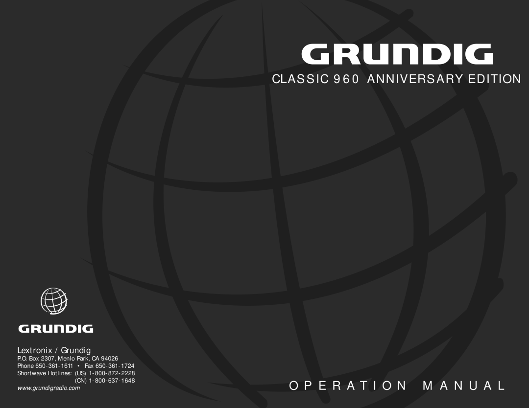 Grundig CLASSIC 960 operation manual Classic 960 Anniversary Edition E R a T I O N M a N U a L 