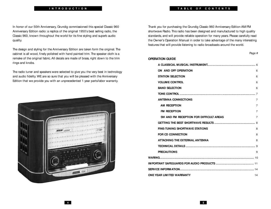 Grundig CLASSIC 960 operation manual Operation Guide, Precautions, ONE Year Limited Warranty 