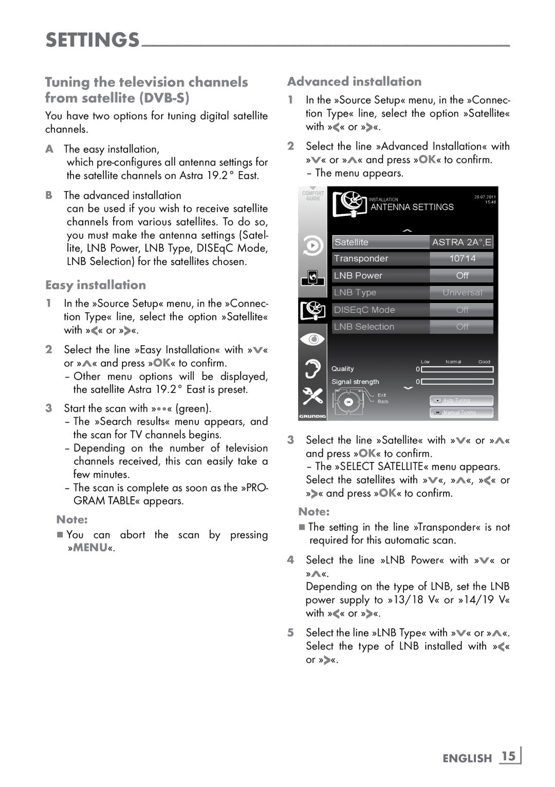 Grundig CLE91 OS manual Tuning the television channels from satellite DVB-S, Easy installation, Advanced installation 