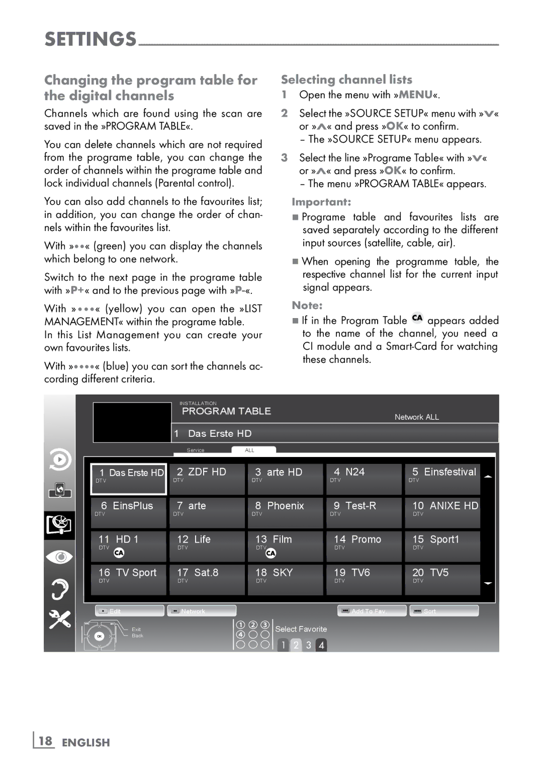 Grundig CLE91 OS manual Changing the program table for the digital channels, Selecting channel lists, ­18 English 