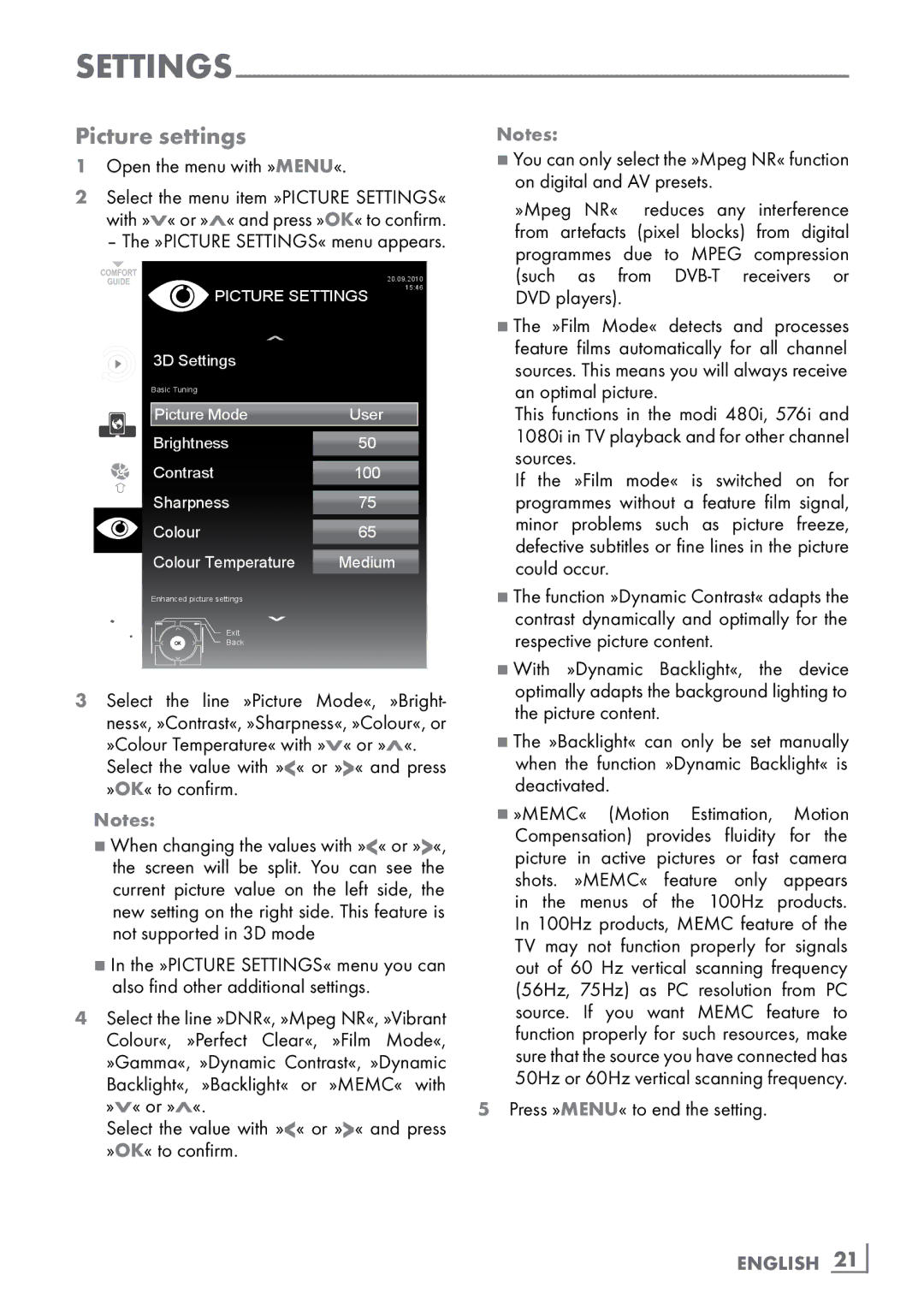 Grundig CLE91 OS manual Picture settings, English ­21 