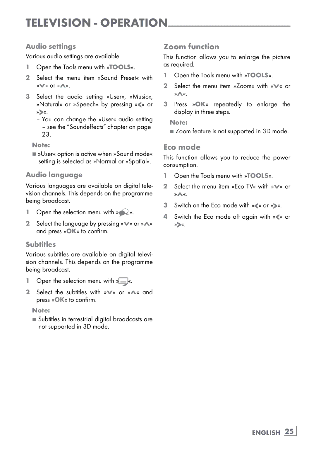 Grundig CLE91 OS manual Zoom function, Eco mode, Audio settings, Audio language, Subtitles 