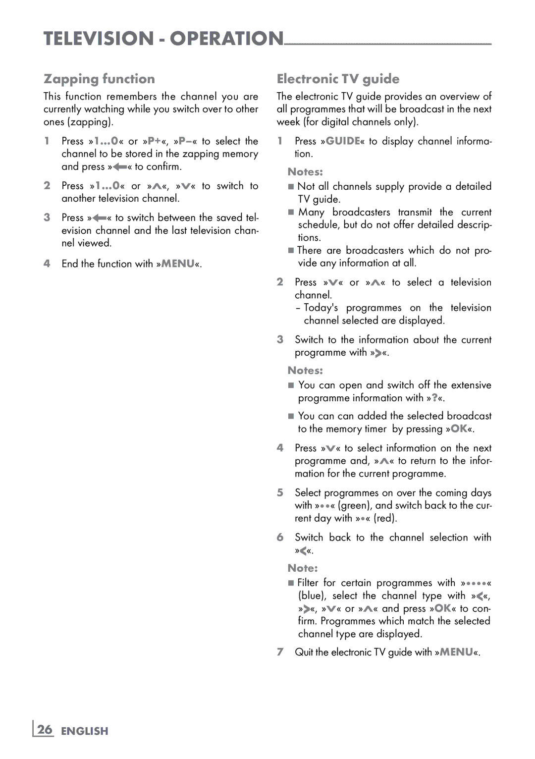 Grundig CLE91 OS manual Zapping function, Electronic TV guide, Switch back to the channel selection with »«, ­26 English 