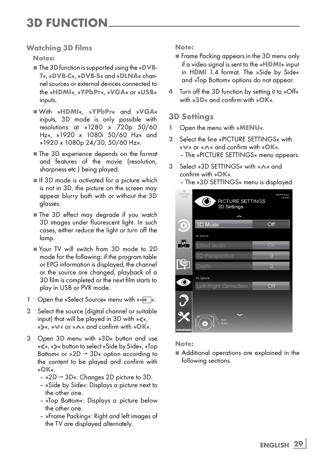 Grundig CLE91 OS manual 3D Settings, Watching 3D films, English ­29 