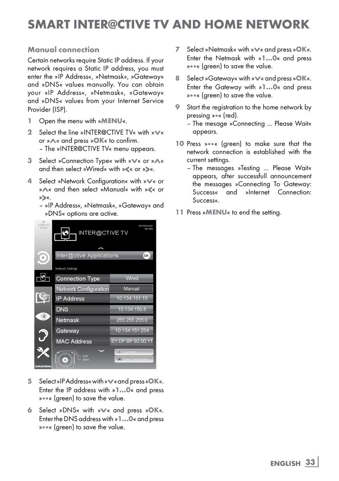 Grundig CLE91 OS manual Manual connection, »DNS« options are active, English ­33 