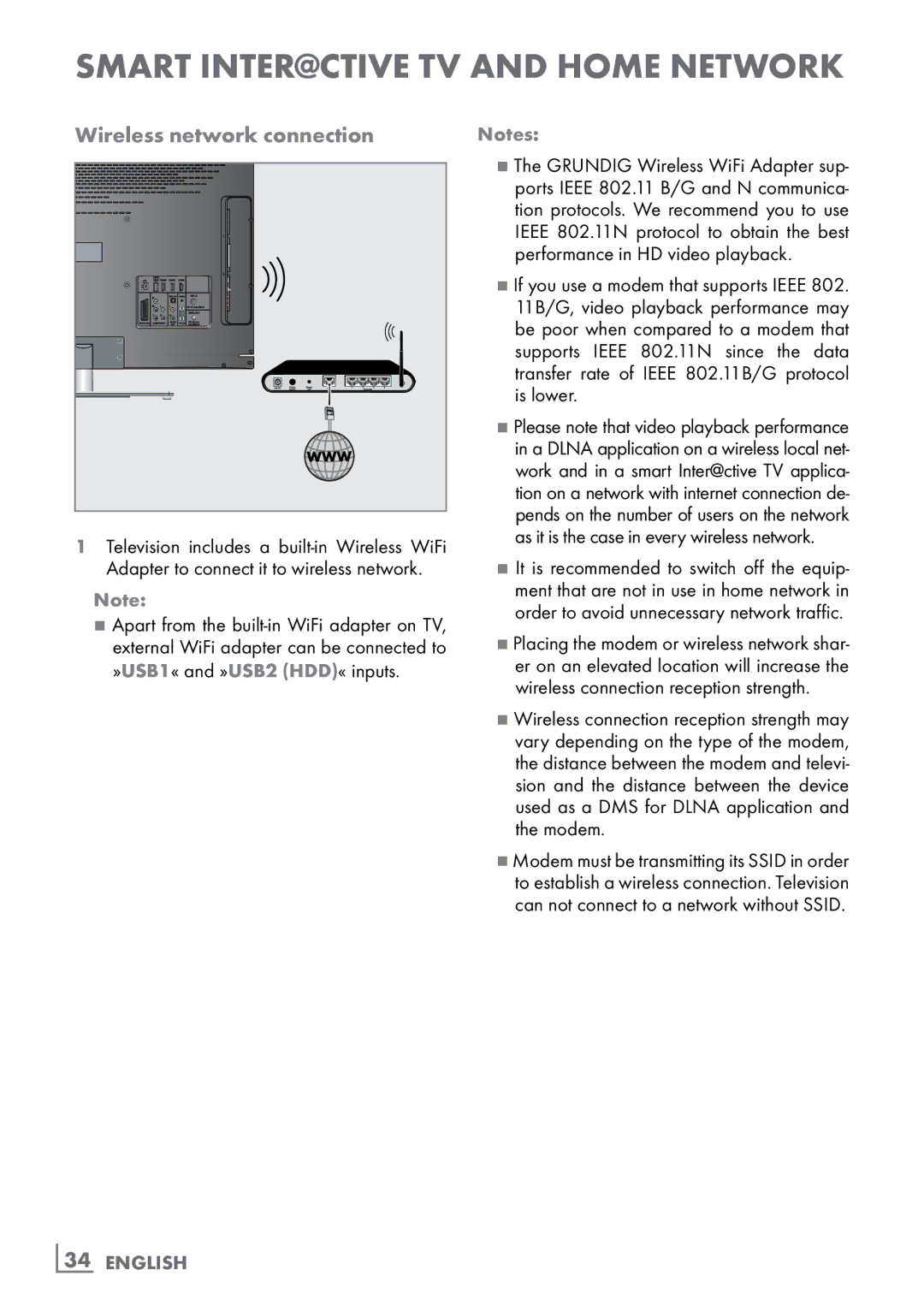 Grundig CLE91 OS manual Wireless network connection, ­34 English 