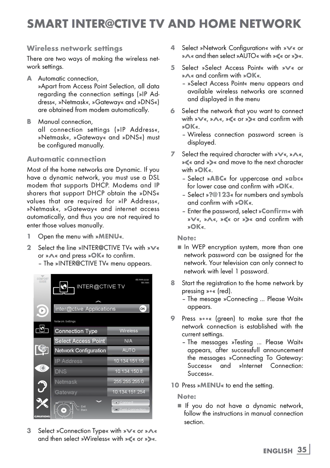 Grundig CLE91 OS manual Wireless network settings, Automatic connection, English ­35 