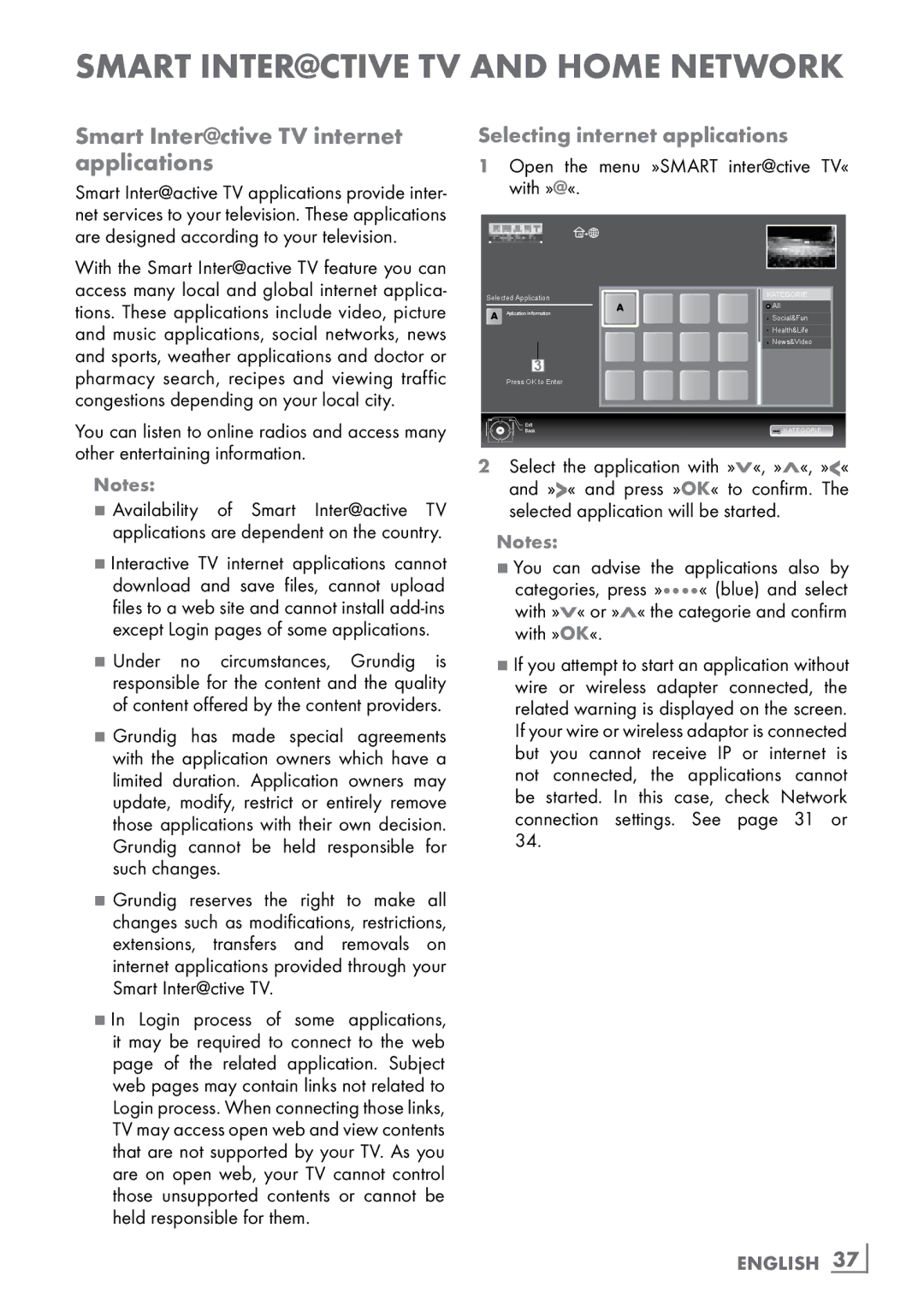 Grundig CLE91 OS manual Smart Inter@ctive TV internet applications, Selecting internet applications, English ­37 