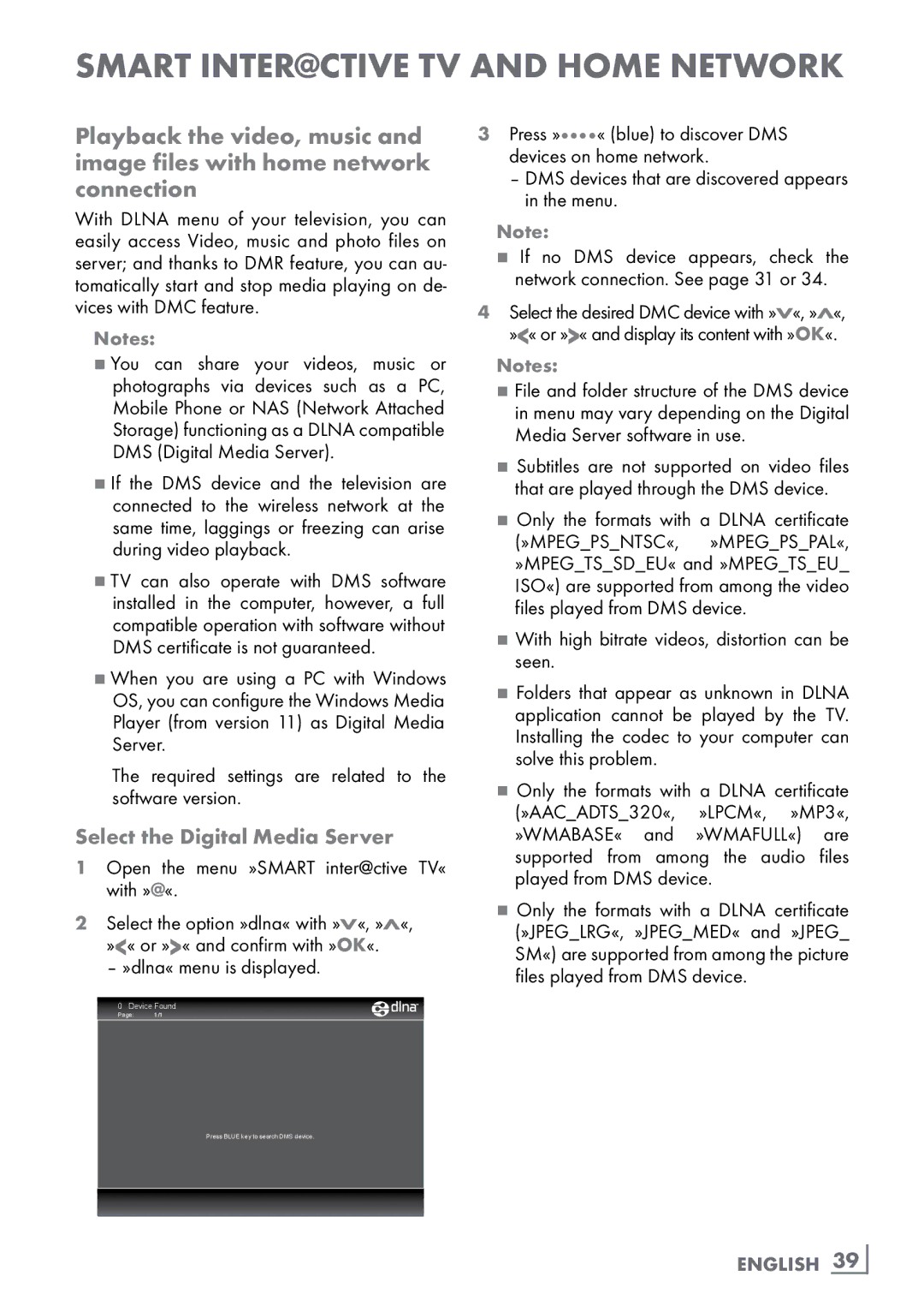 Grundig CLE91 OS manual Select the Digital Media Server, »dlna« menu is displayed, English ­39 