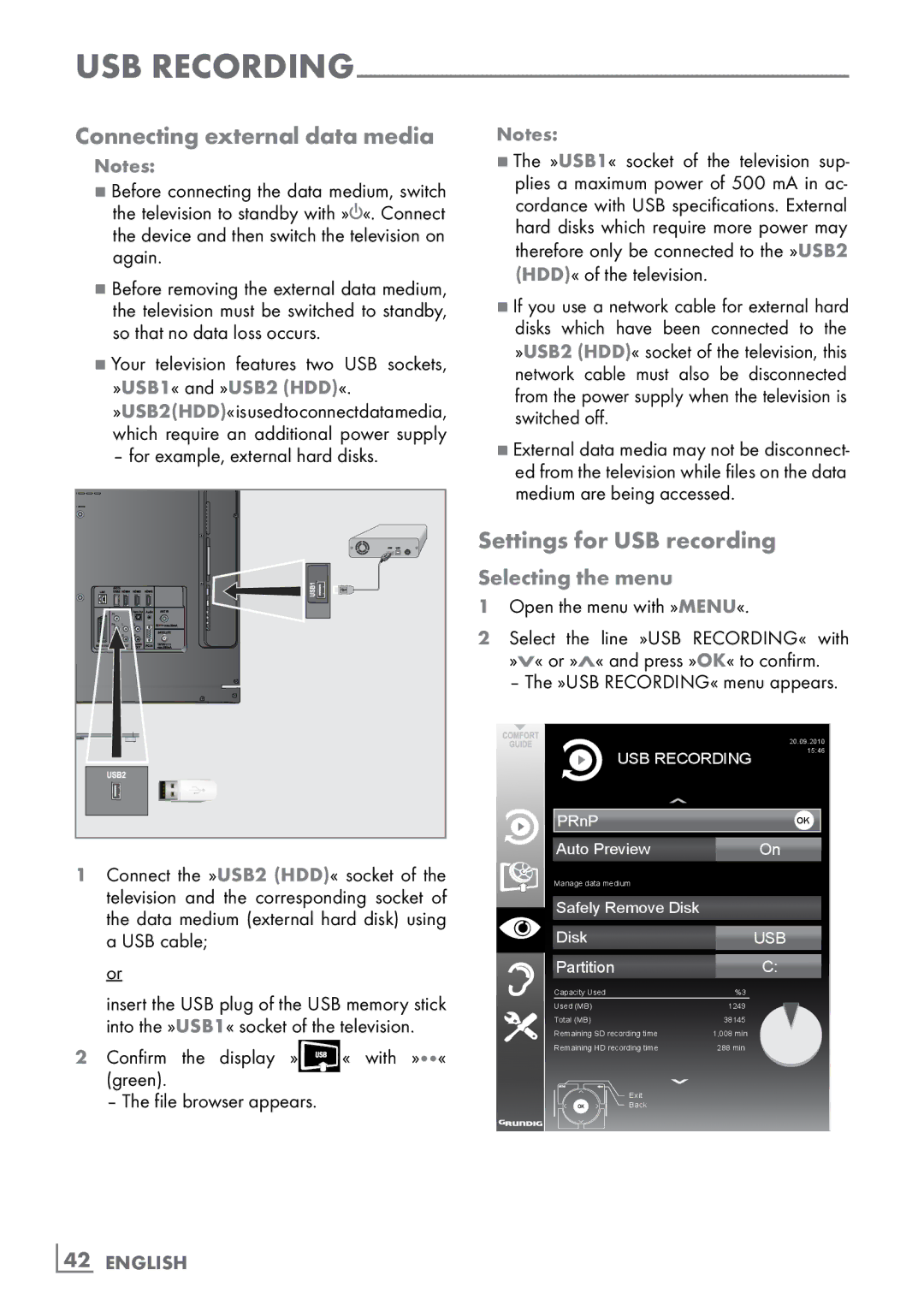 Grundig CLE91 OS manual Connecting external data media, Settings for USB recording, Selecting the menu, ­42 English 