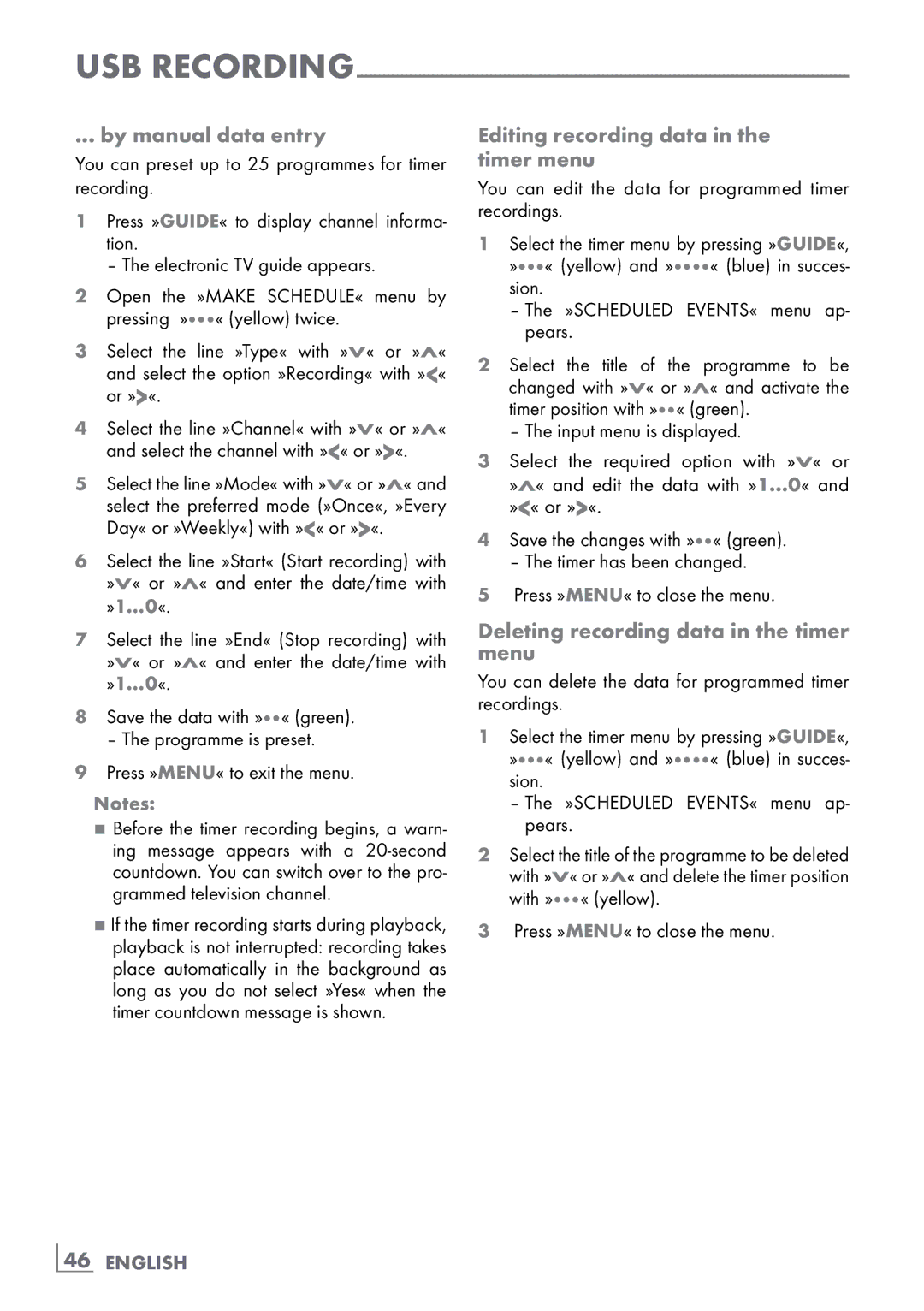 Grundig CLE91 OS By manual data entry, Editing recording data in the ­ timer menu, ­46 English 