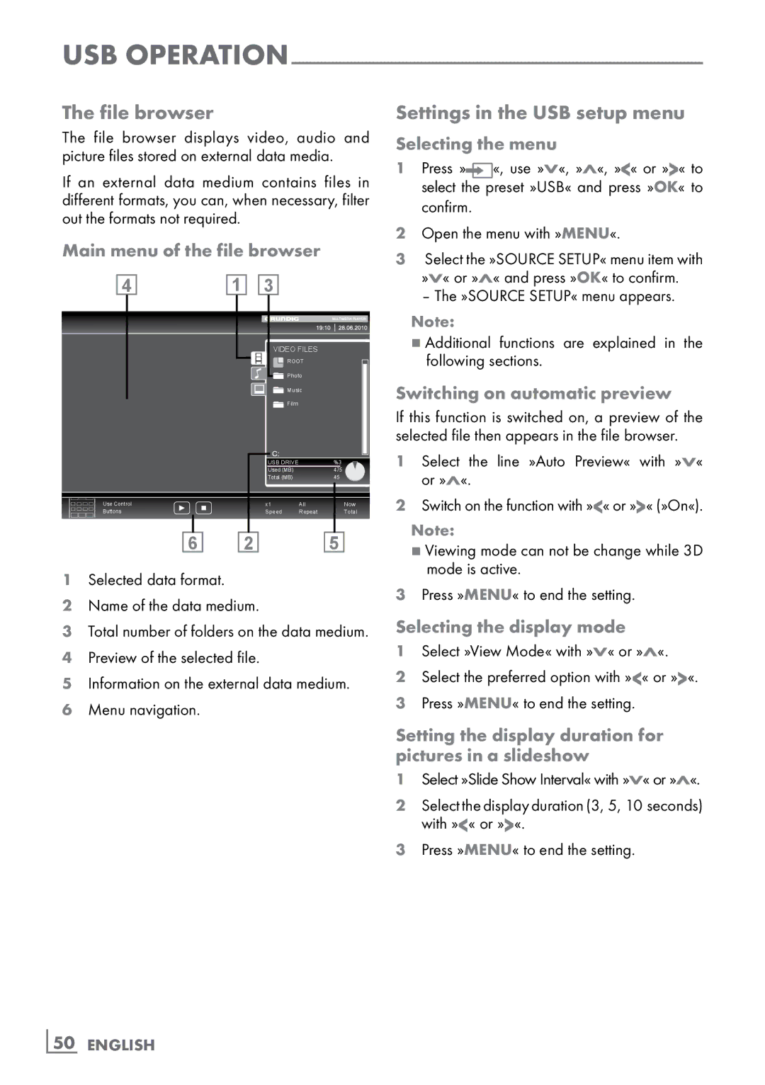 Grundig CLE91 OS File browser, Settings in the USB setup menu, Main menu of the file browser, Selecting the display mode 