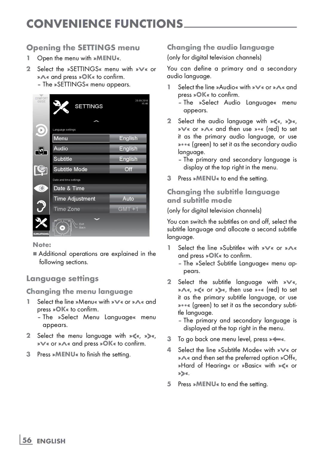 Grundig CLE91 OS manual Opening the Settings menu, Language settings 