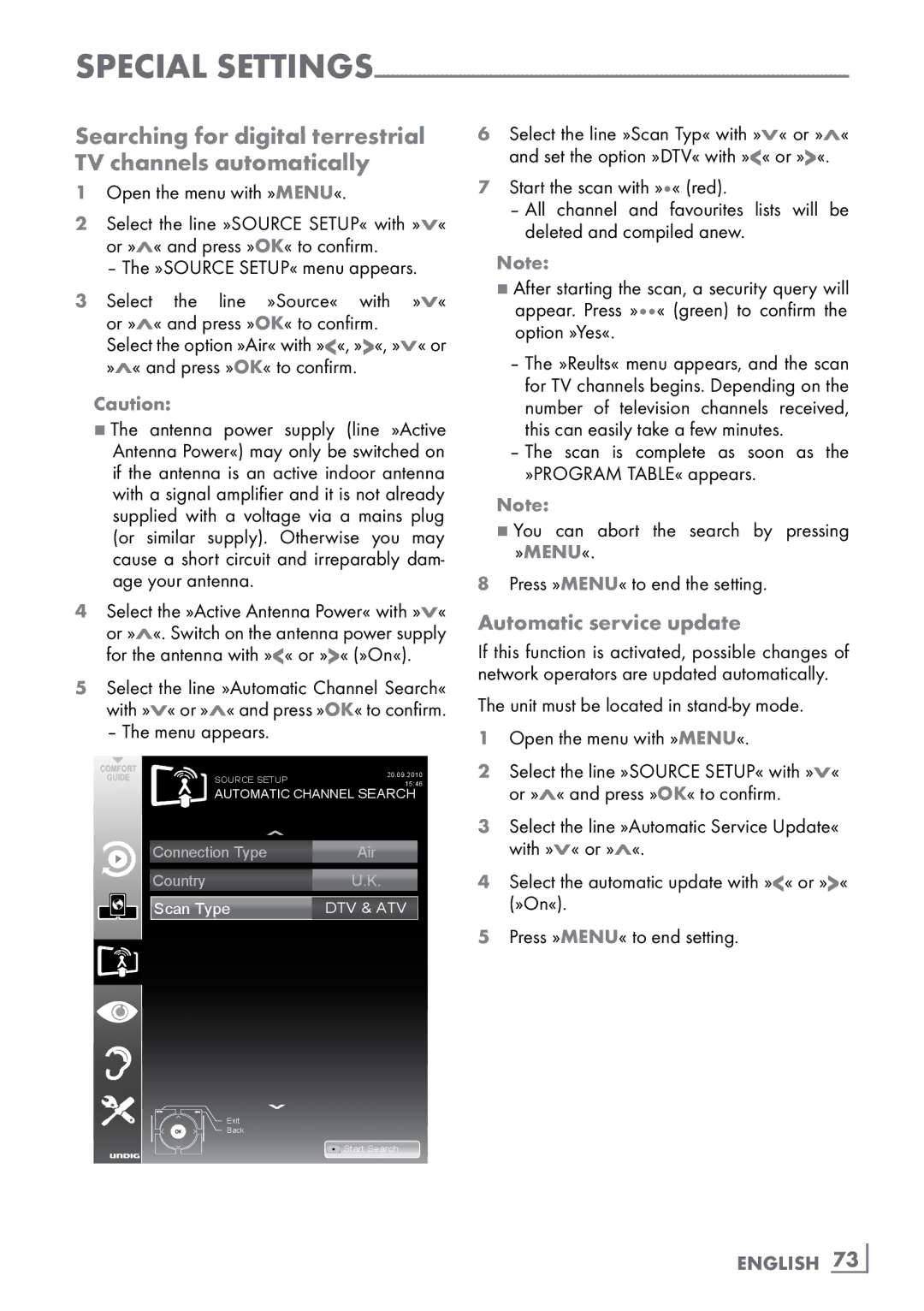 Grundig CLE91 OS manual Searching for digital terrestrial TV channels automatically, Automatic service update, English ­73 