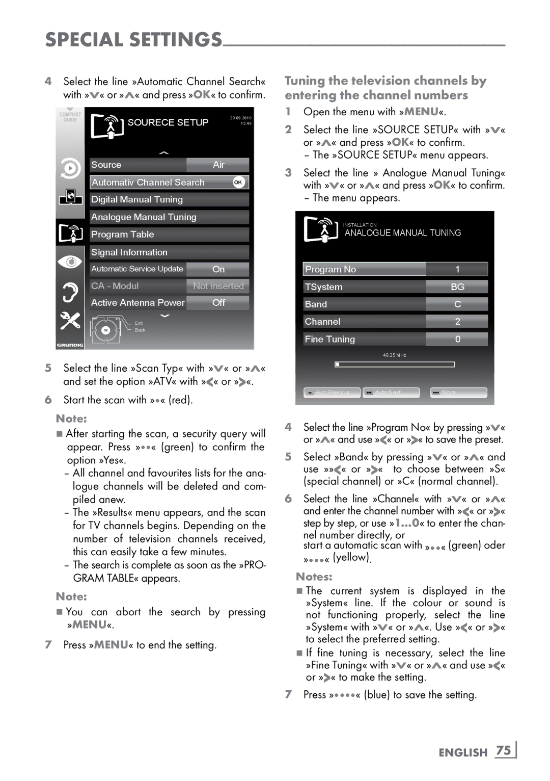 Grundig CLE91 OS Start a automatic scan with »« green oder »« yellow, To select the preferred setting­, English ­75 