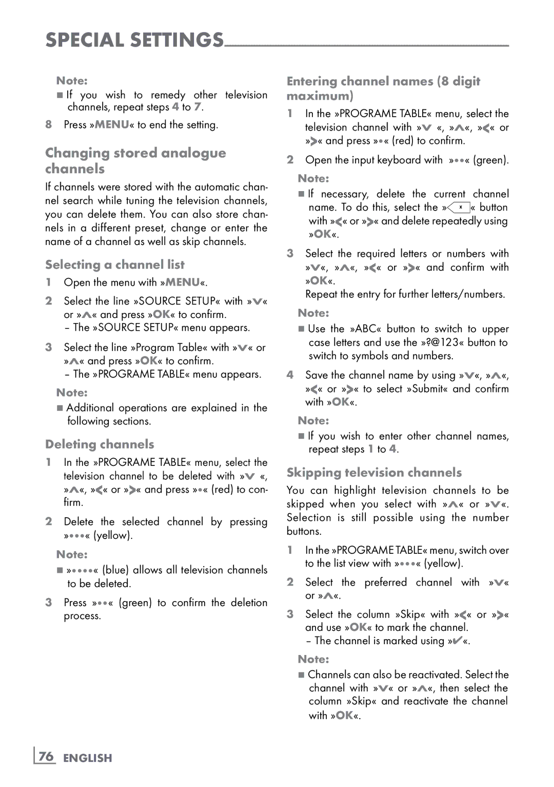 Grundig CLE91 OS Changing stored analogue channels­, Selecting a channel list, Entering channel names 8 digit maximum 