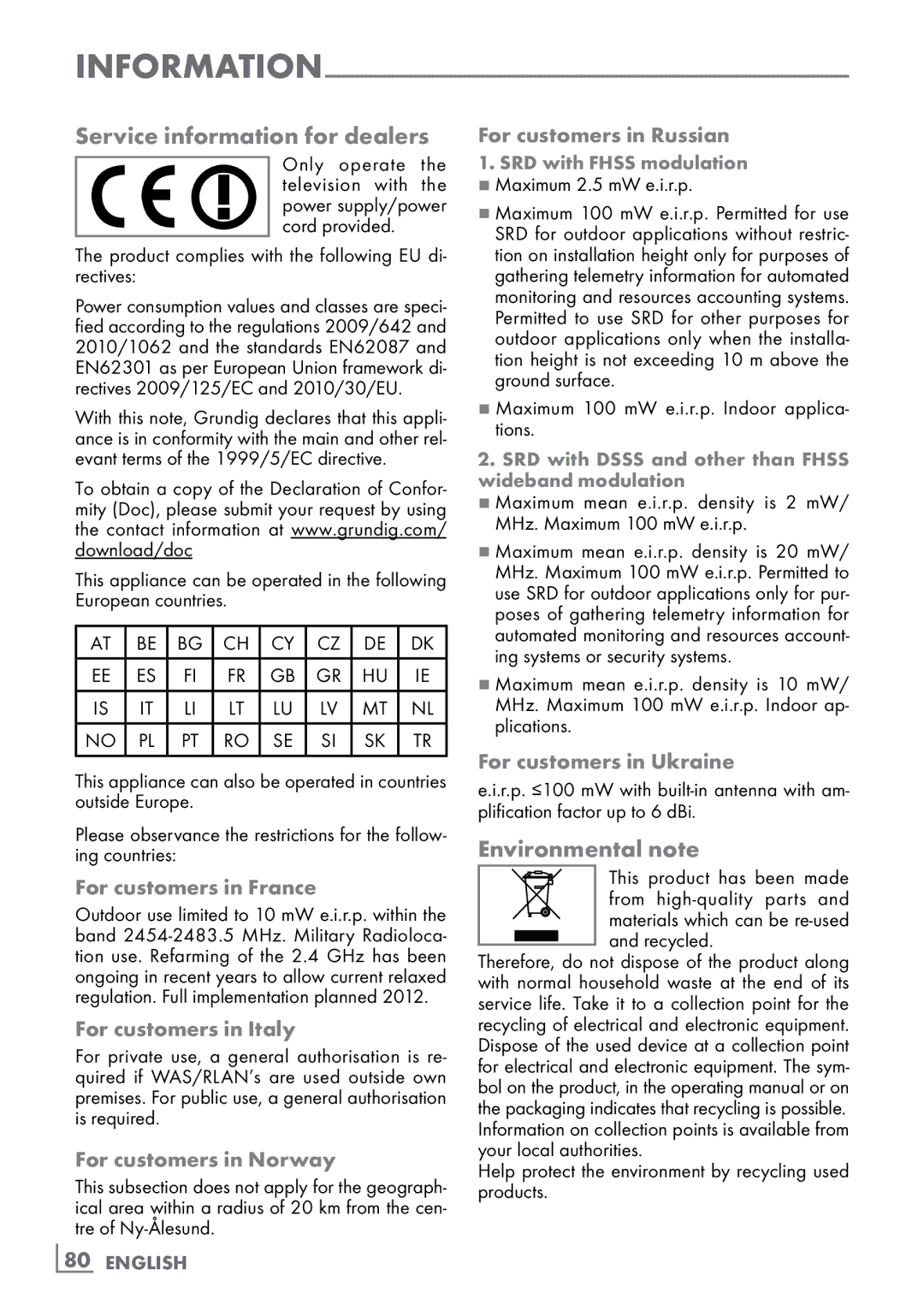 Grundig CLE91 OS manual Service information for dealers, Environmental note 