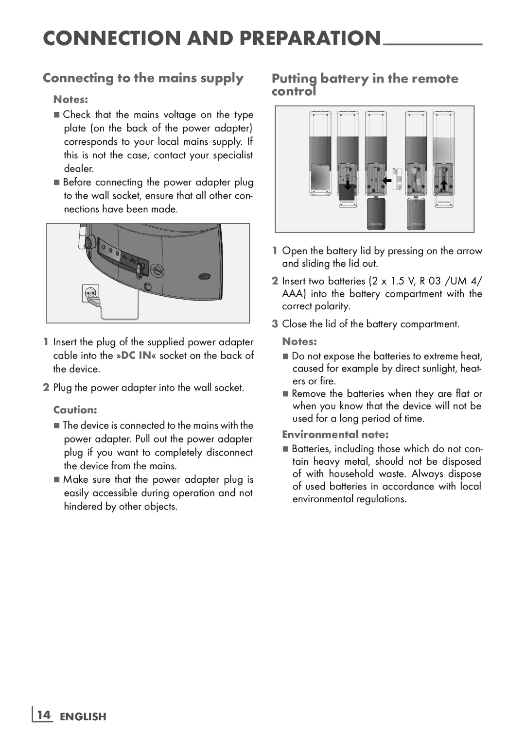 Grundig Cosmopolit 3F+ WEB iP Connecting to the mains supply, Putting battery in the remote control, Environmental note 