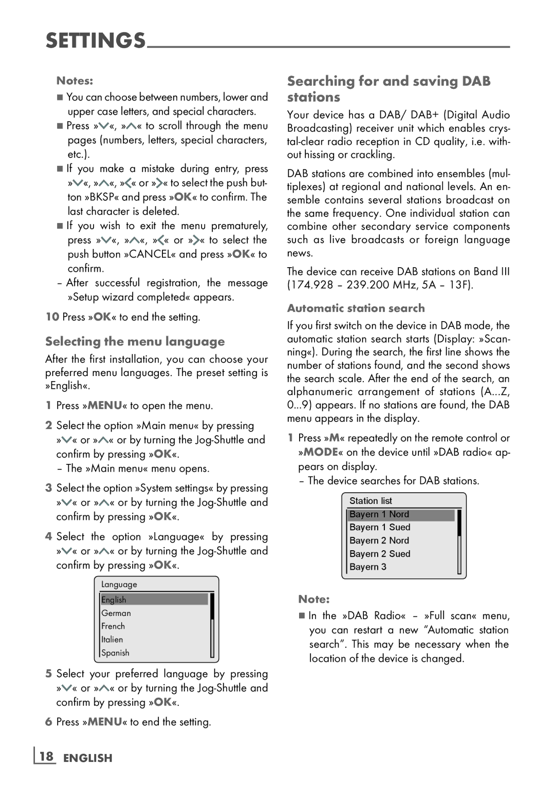 Grundig Cosmopolit 3F+ WEB iP Searching for and saving DAB stations, Selecting the menu language, Automatic station search 