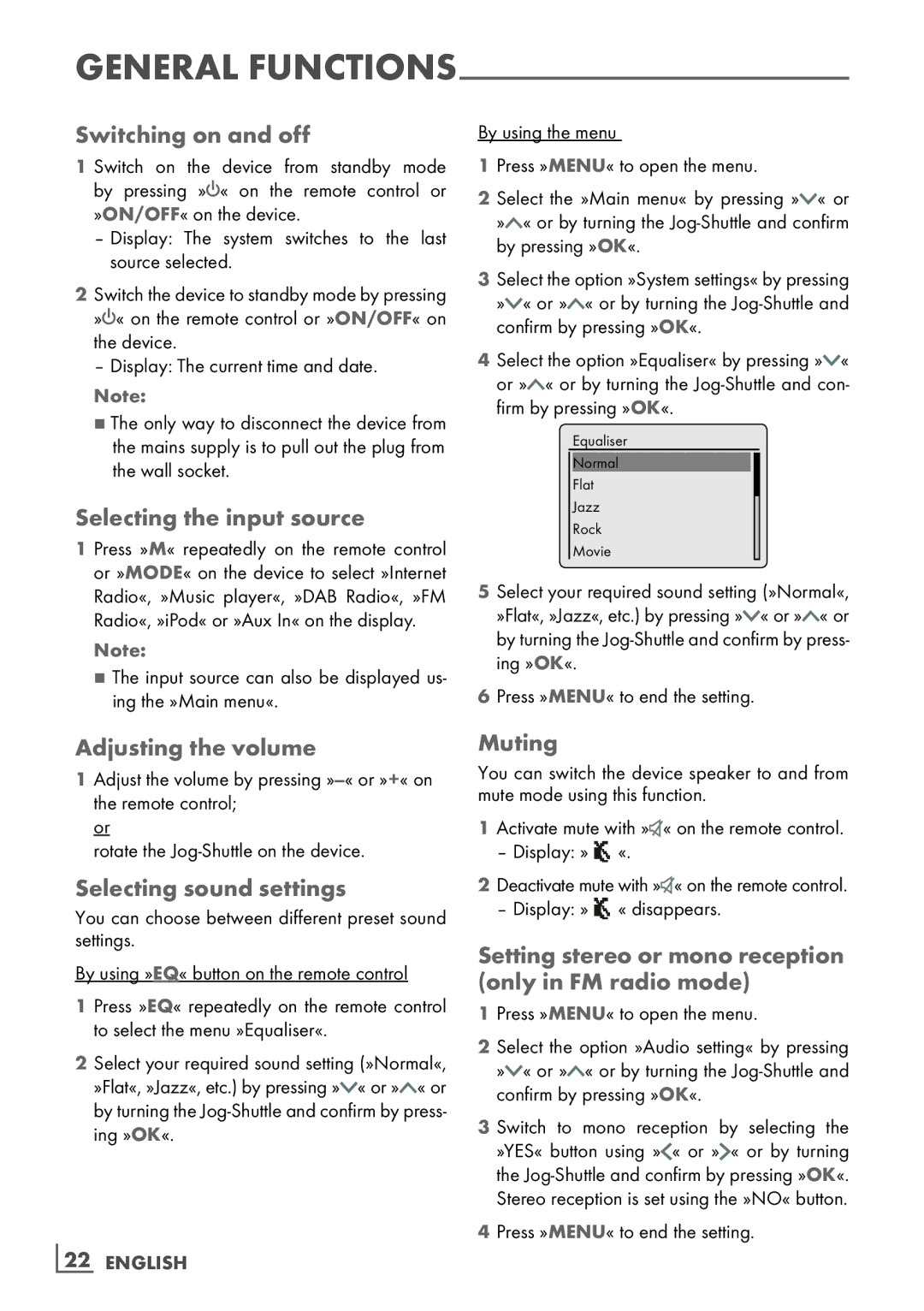 Grundig Cosmopolit 3F+ WEB iP manual Switching on and off, Selecting the input source, Adjusting the volume, Muting 