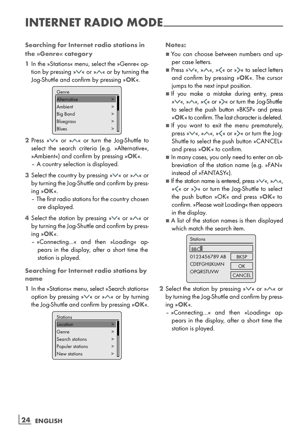 Grundig Cosmopolit 3F+ WEB iP manual Searching for Internet radio stations by name, 24­ English 