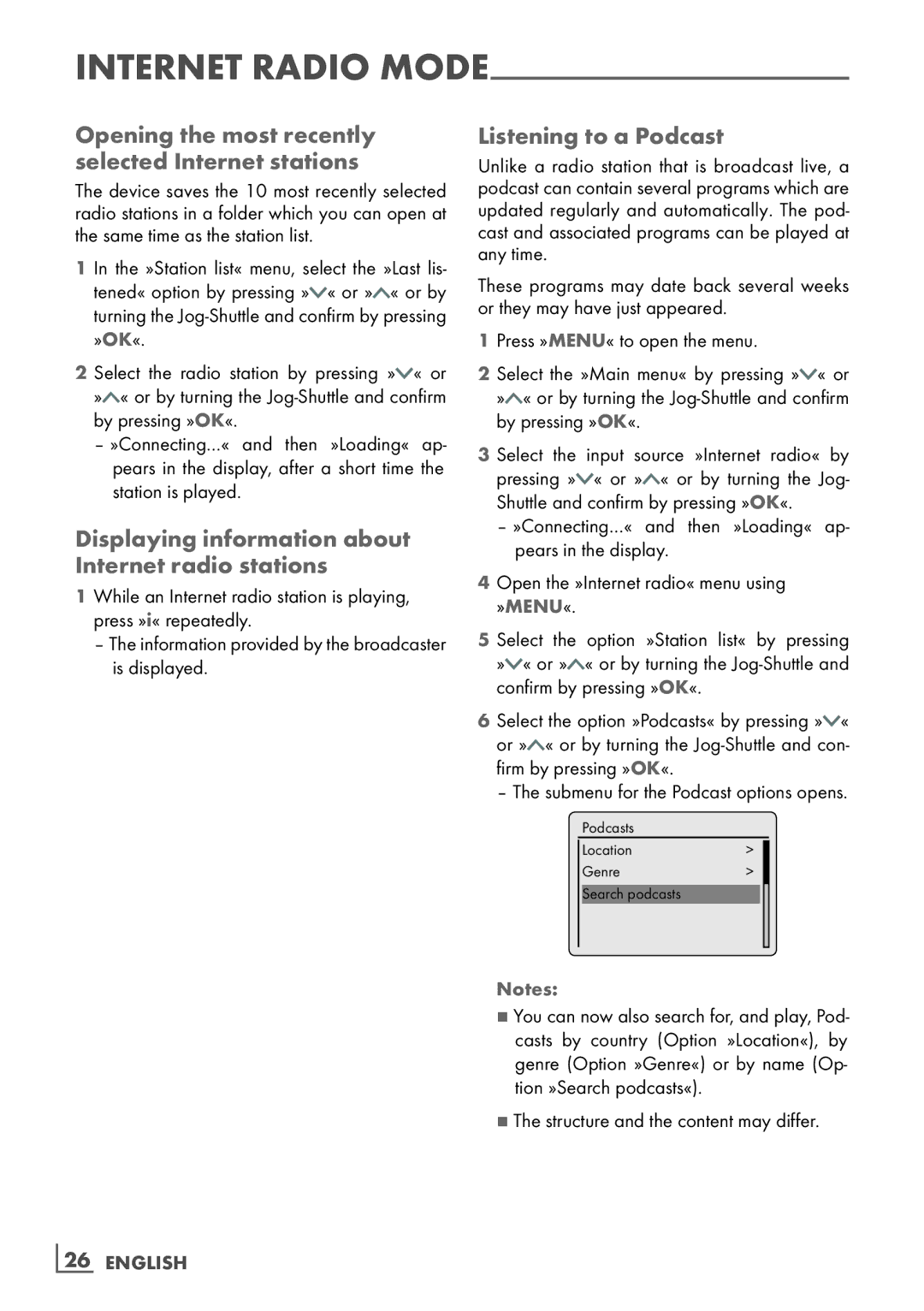 Grundig Cosmopolit 3F+ WEB iP Opening the most recently selected Internet stations, Listening to a Podcast, 26­ English 