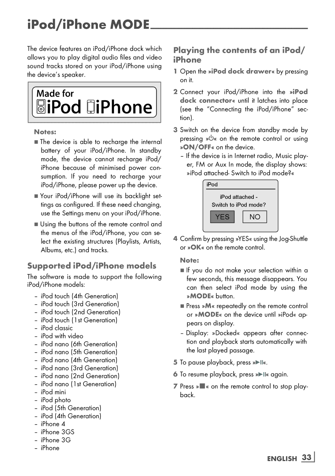 Grundig Cosmopolit 3F+ WEB iP manual Supported iPod/iPhone models, Playing the contents of an iPod/ iPhone 