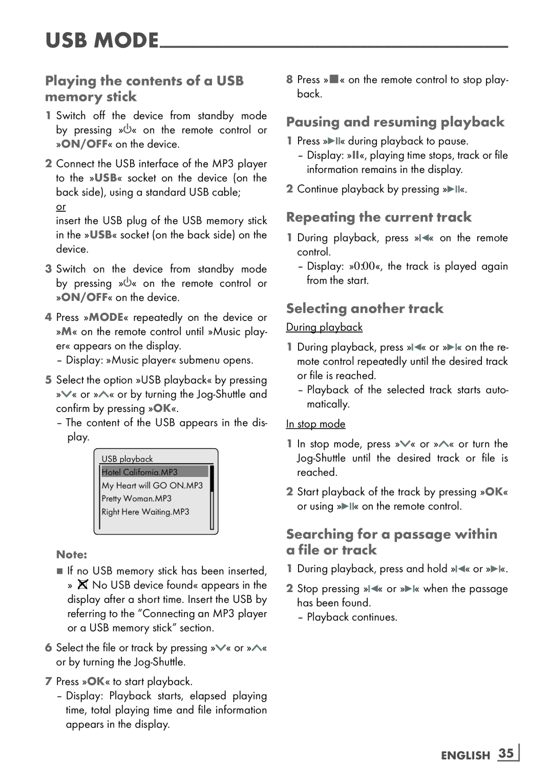 Grundig Cosmopolit 3F+ WEB iP manual Playing the contents of a USB memory stick, Pausing and resuming playback 