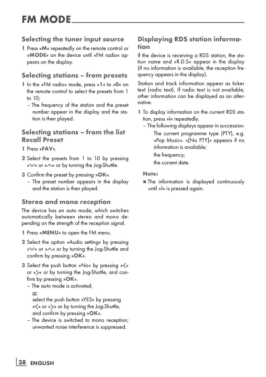 Grundig Cosmopolit 3F+ WEB iP Selecting the tuner input source, Selecting stations from presets, Stereo and mono reception 