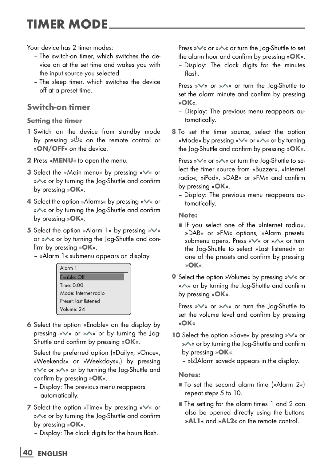 Grundig Cosmopolit 3F+ WEB iP manual Switch-on timer, Setting the timer, 40­ English 