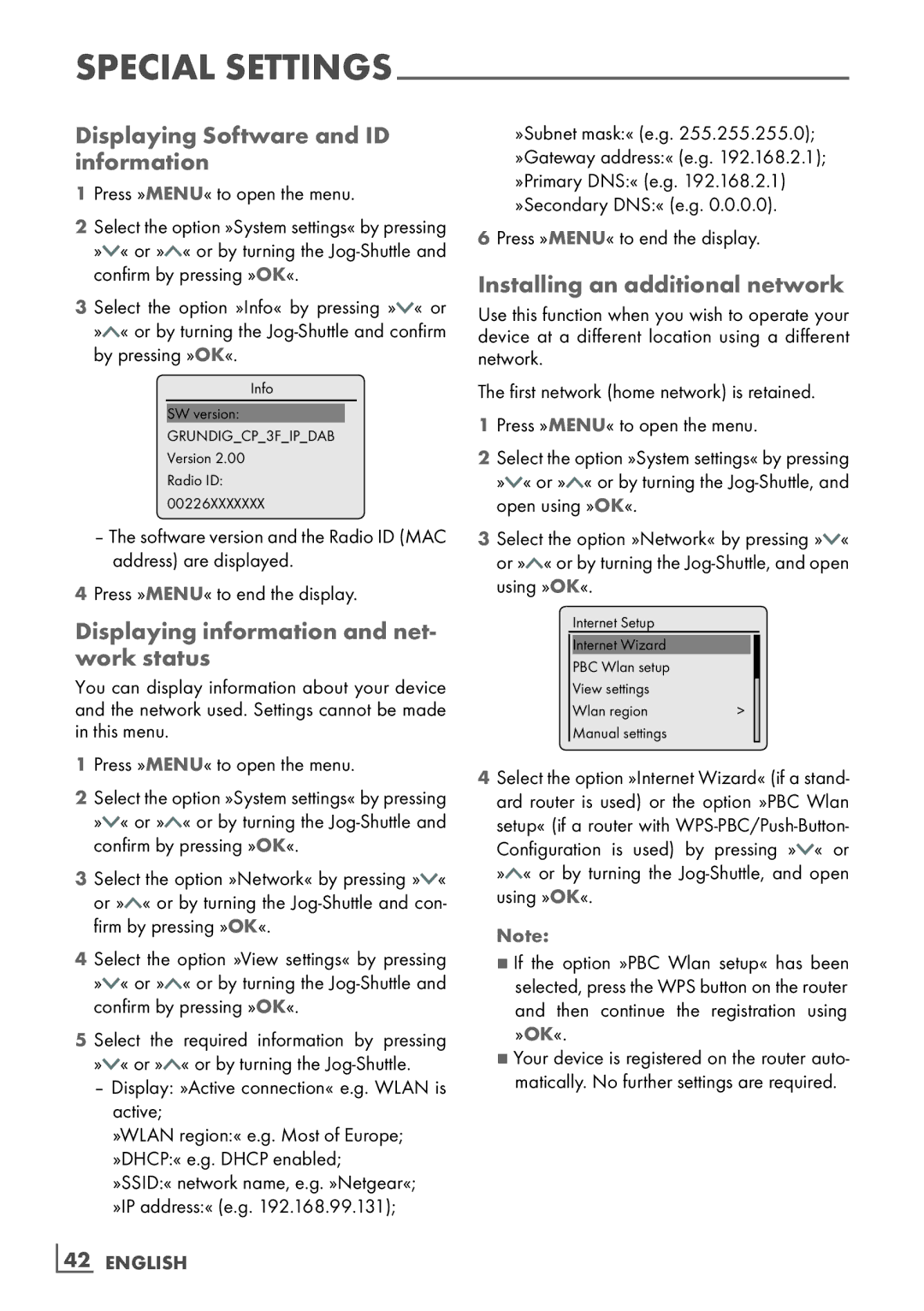 Grundig Cosmopolit 3F+ WEB iP manual Displaying Software and ID information, Displaying information and net- work status 