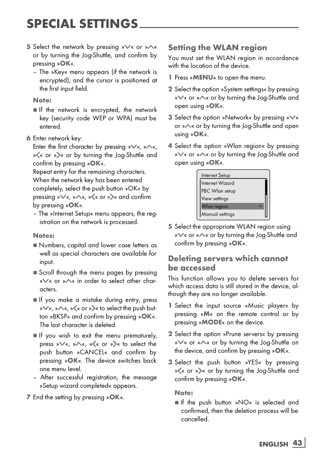 Grundig Cosmopolit 3F+ WEB iP manual Setting the Wlan region, Deleting servers which cannot be accessed, English 43­ 